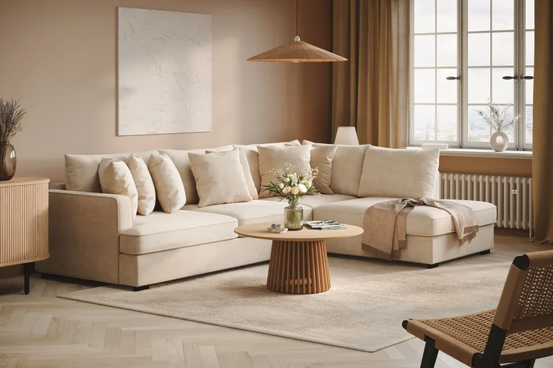 Rossita 4-sits Högervänd L-formad Djup Schäslongsoffa i Chenille - Beige - Products - Möbler - Soffa - Divansoffa & schäslongsoffa - 4 sits soffa med divan