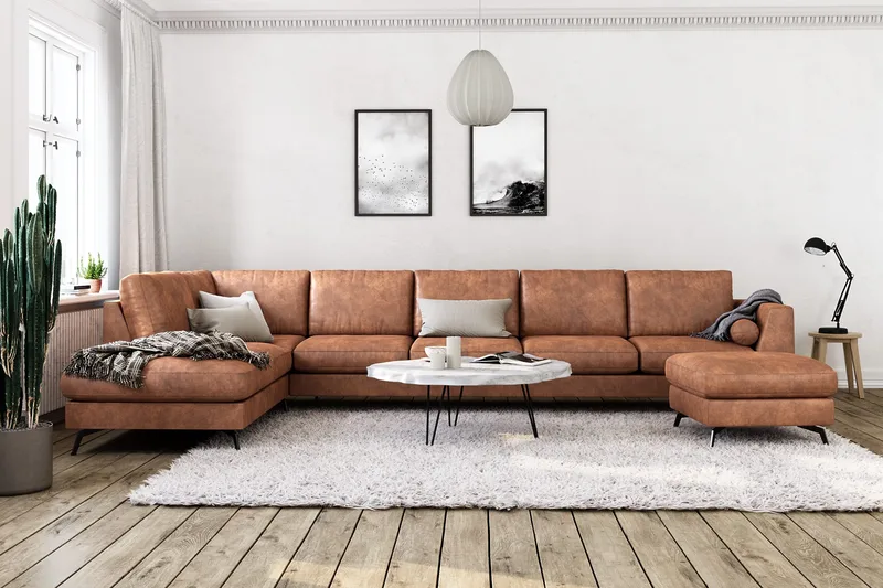 Ocean Lyx 6-sits Vänstervänd U-formad Soffa med Divan och Schäslong + Fotpall i Konstläder - Brun - Products - Möbler - Soffa - Divansoffa & schäslongsoffa