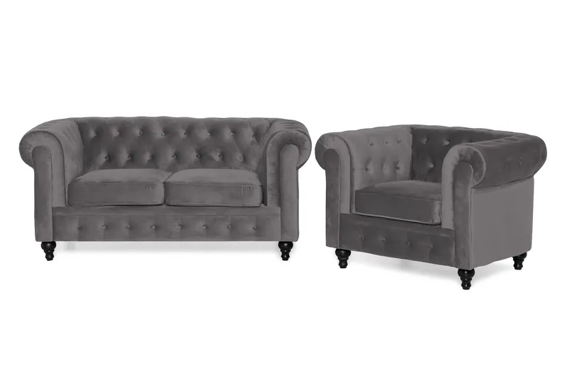 Chesterfield Lyx Soffgrupp 2-sits+Fåtölj Sammet, Mörkgrå