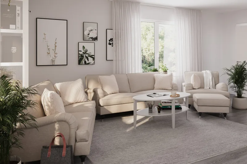Howard Classic Soffgrupp 3-sits + 2-sits Soffa + Fåtölj + Fotpall i Tyg - Beige - Products - Möbler - Soffa - Soffgrupp - Howard soffgrupp