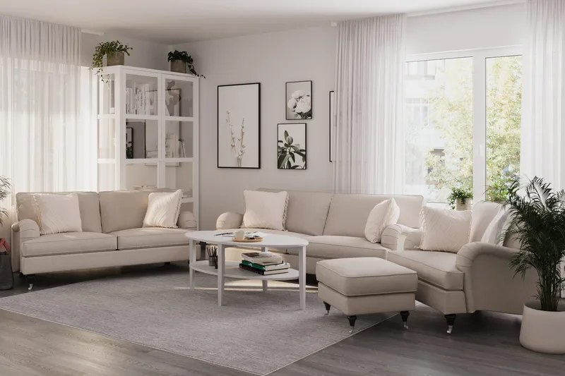 Howard Classic Soffgrupp 3-sits + 2-sits Soffa + Fåtölj + Fotpall i Tyg - Beige - Products - Möbler - Soffa - Soffgrupp - Howard soffgrupp