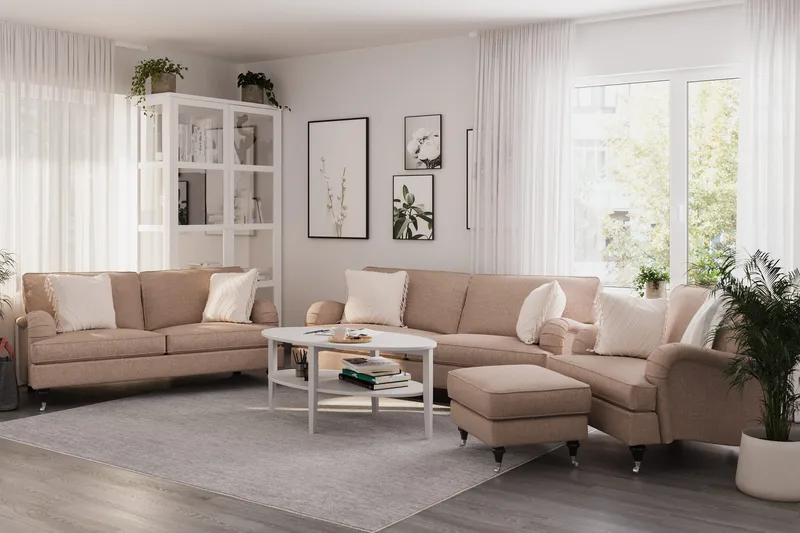 Howard Classic Soffgrupp 3-sits + 2-sits Soffa + Fåtölj + Fotpall i Tyg - Mörkbeige - Products - Möbler - Soffa - Soffgrupp - Howard soffgrupp