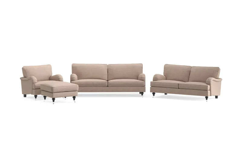 Howard Classic Soffgrupp 3-sits + 2-sits Soffa + Fåtölj + Fotpall i Tyg, Mörkbeige