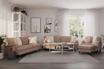 Howard Classic Soffgrupp 3-sits + 2-sits Soffa + Fåtölj + Fotpall i Tyg - Mörkbeige - Products - Möbler - Soffa - Soffgrupp - Howard soffgrupp