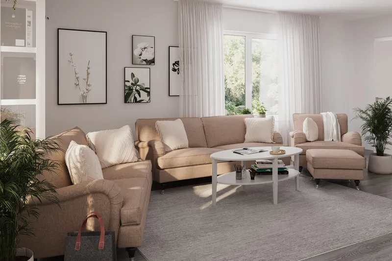 Howard Classic Soffgrupp 3-sits + 2-sits Soffa + Fåtölj + Fotpall i Tyg - Mörkbeige - Products - Möbler - Soffa - Soffgrupp - Howard soffgrupp