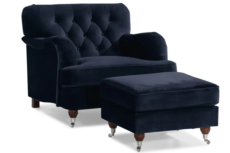 Howard Riviera Soffgrupp 3-sits + 2-sits Soffa + Fåtölj + Fotpall i Sammet - Blå - Products - Möbler - Soffa - Soffgrupp - Howard soffgrupp