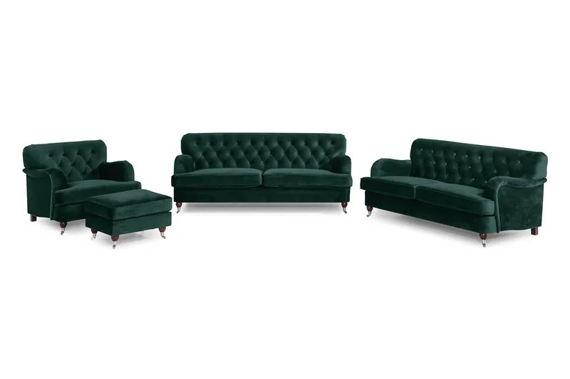 Howard Riviera Soffgrupp 3-sits + 2-sits Soffa + Fåtölj + Fotpall i Sammet, Grön