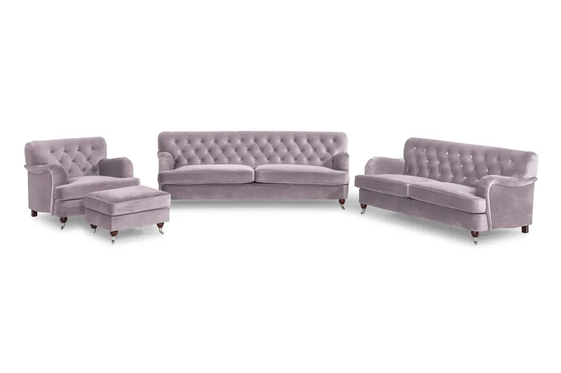 Howard Riviera Soffgrupp Svängd 3-sits + 2-sits Soffa + Fåtölj + Fotpall i Sammet, Lila