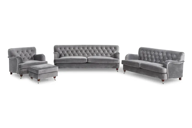 Howard Riviera Soffgrupp Svängd 3-sits + 2-sits Soffa + Fåtölj + Fotpall i Sammet, Ljusgrå