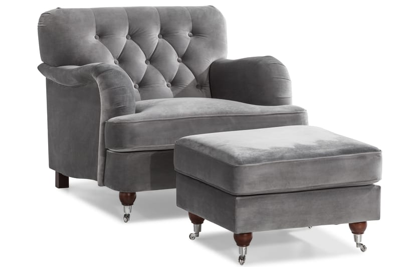Howard Riviera Soffgrupp Svängd 3-sits + 2-sits Soffa + Fåtölj + Fotpall i Sammet - Ljusgrå - Products - Möbler - Soffa - Soffgrupp - Howard soffgrupp