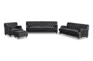 Howard Riviera Soffgrupp Svängd 3-sits + 2-sits Soffa + Fåtölj + Fotpall i Sammet