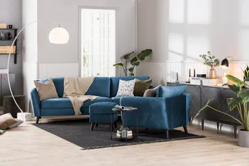 Trend Soffgrupp 3-sits + 2-sits Soffa + Fåtölj + Fotpall i Sammet - Blå - Products - Möbler - Soffa - Soffgrupp