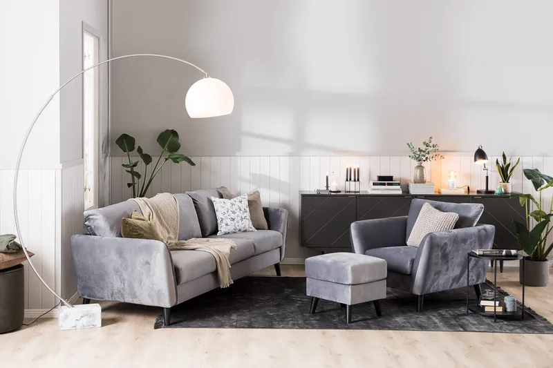 Trend Soffgrupp 3-sits + 2-sits Soffa + Fåtölj + Fotpall i Sammet - Ljusgrå - Products - Möbler - Soffa - Soffgrupp
