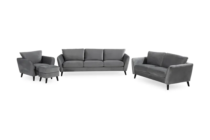Trend Soffgrupp 3-sits + 2-sits Soffa + Fåtölj + Fotpall i Sammet, Ljusgrå