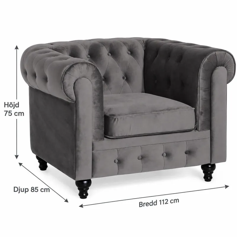 Chesterfield Lyx Stor skön djup sammetsfåtölj - Fåtölj till vardagsrum - Mörkgrå - Products - Möbler - Fåtölj & stolar - Fåtölj - Chesterfield fåtölj