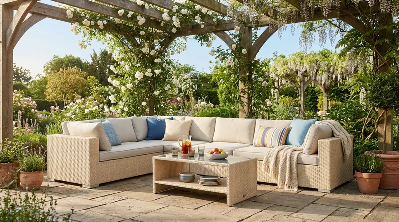 Bahamas L-formad utesoffa höger, 7-sits med bord och hylla - Beige - Products - Utemöbler & utemiljö - Loungemöbler - Loungeset & loungegrupp
