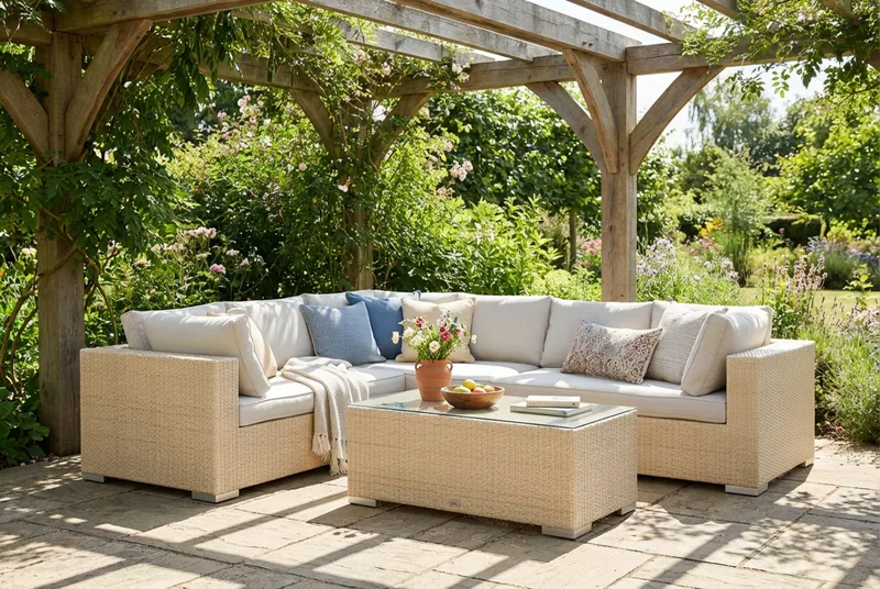 Bahamas L-formad utesoffa vänster, 6-sits med bord - Beige - Products - Utemöbler & utemiljö - Loungemöbler - Loungeset & loungegrupp