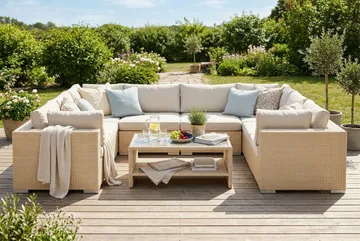 Bahamas U-formad utomhus loungegrupp med stängt avslut, 9-sits med bord och hylla - Beige - Products - Utemöbler & utemiljö - Loungemöbler - Loungeset & loungegrupp