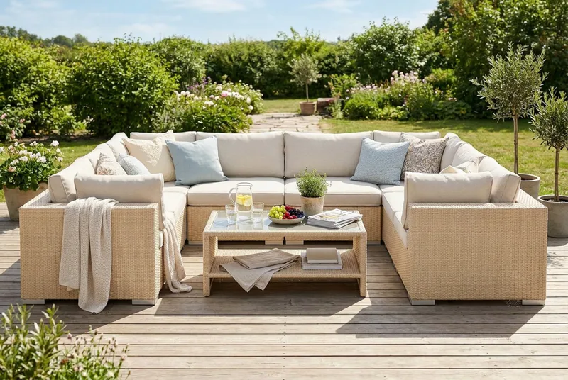 Bahamas U-formad utomhus loungegrupp med stängt avslut, 9-sits med bord och hylla - Beige - Products - Utemöbler & utemiljö - Loungemöbler - Loungeset & loungegrupp