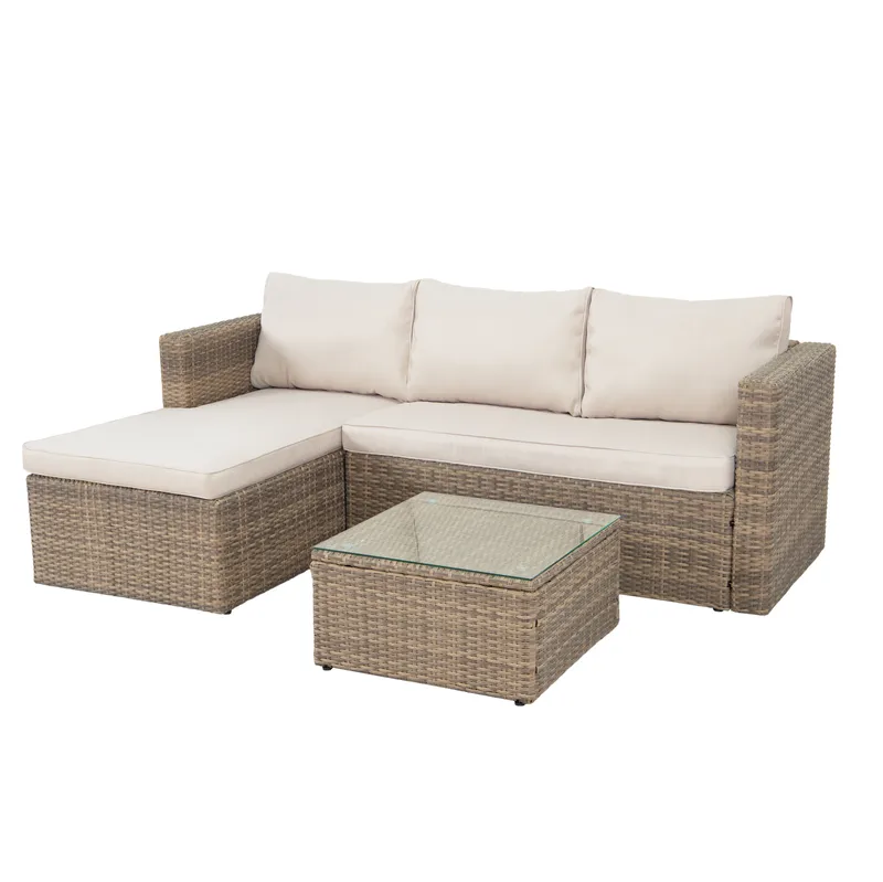 Mendoza l-formad 4-sits soffgrupp i konstrotting för altan och terrass - Brun / Beige dynor - Products - Utemöbler & utemiljö - Loungemöbler - Loungeset & loungegrupp