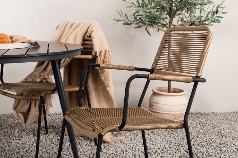 Break Matgrupp Utomhus Rund 120 cm + 4 st Lindos Karmstolar - Svart/Beige - Products - Utemöbler & utemiljö - Utegrupp - Matgrupp utomhus