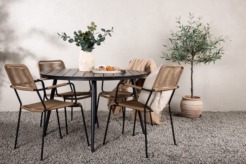 Break Matgrupp Utomhus Rund 120 cm + 4 st Lindos Karmstolar - Svart/Beige - Products - Utemöbler & utemiljö - Utegrupp - Matgrupp utomhus