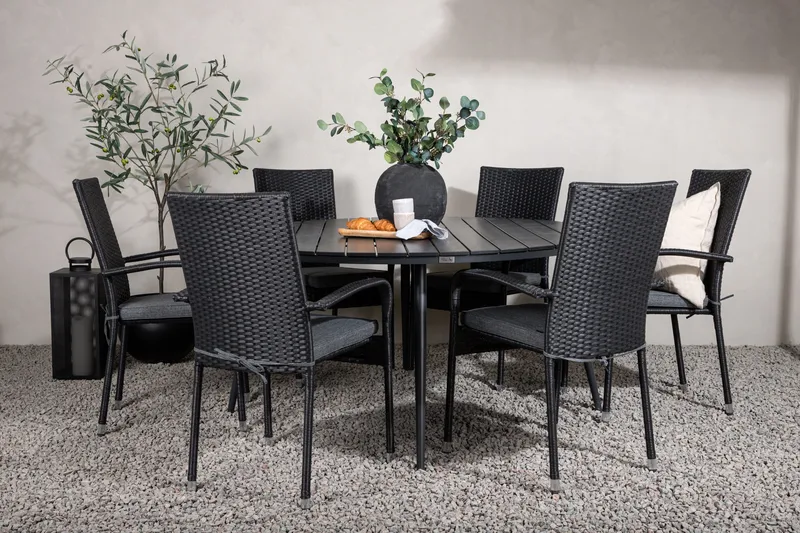 Break Matgrupp Utomhus Rund 150 cm + 6 Anna Matstol - Svart - Products - Utemöbler & utemiljö - Utegrupp - Matgrupp utomhus
