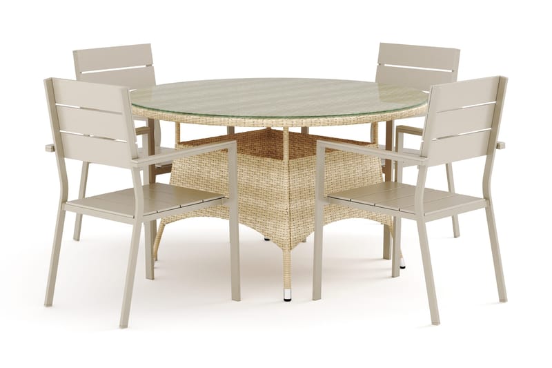 Thor utomhus rund matgrupp 140 cm med 4 Tunis stapelstolar, Beige