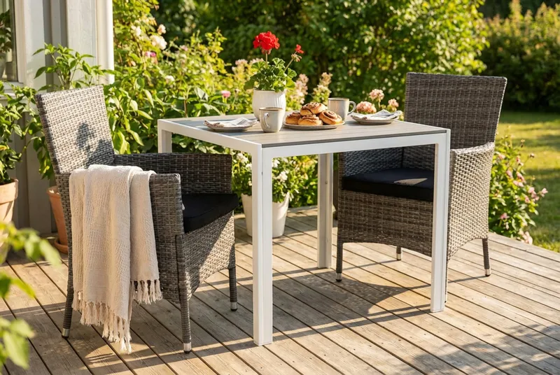 Tunis Cafégrupp 90x90 + 2 Thor Fåtölj m Dyna - Vit/Grå/Svart - Products - Utemöbler & utemiljö - Utegrupp - Matgrupp utomhus