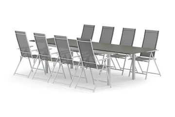 Tunis utomhus matgrupp förlängningsbart 205/305x90 cm med 8 Sanna positionsstolar, Vit/Grå