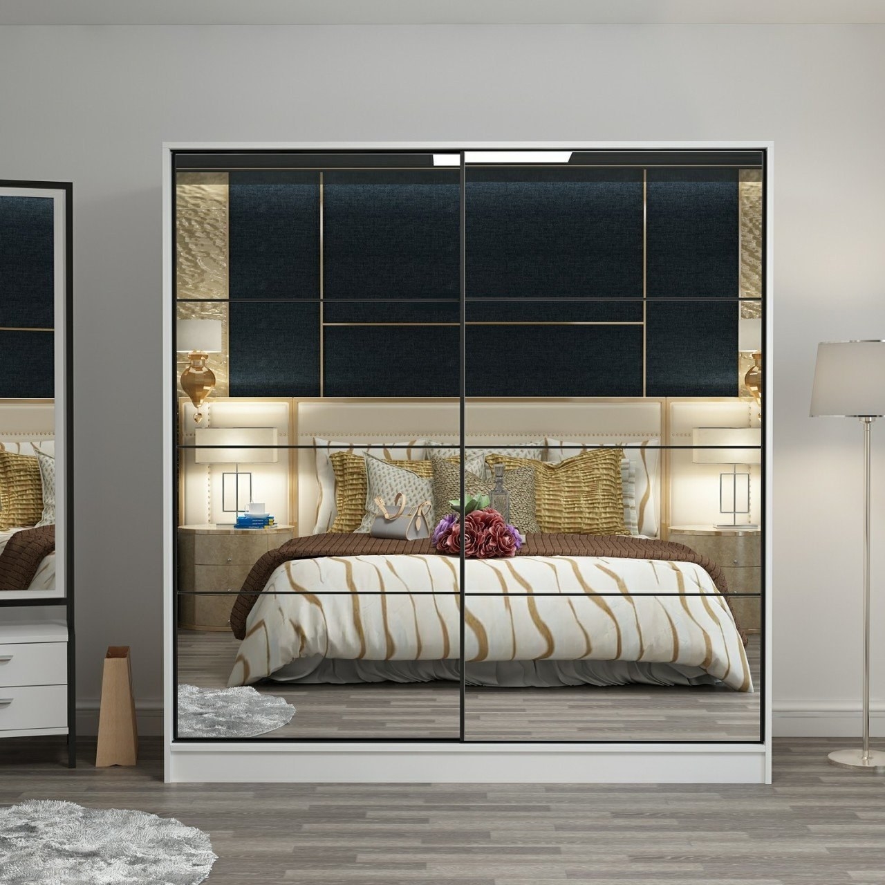 Kapusta vaatekaappi peiliovilla, 220x52x210 cm - Valkoinen Kapusta vaatekaappi peiliovilla, 220x52x210 cm - Valkoinen