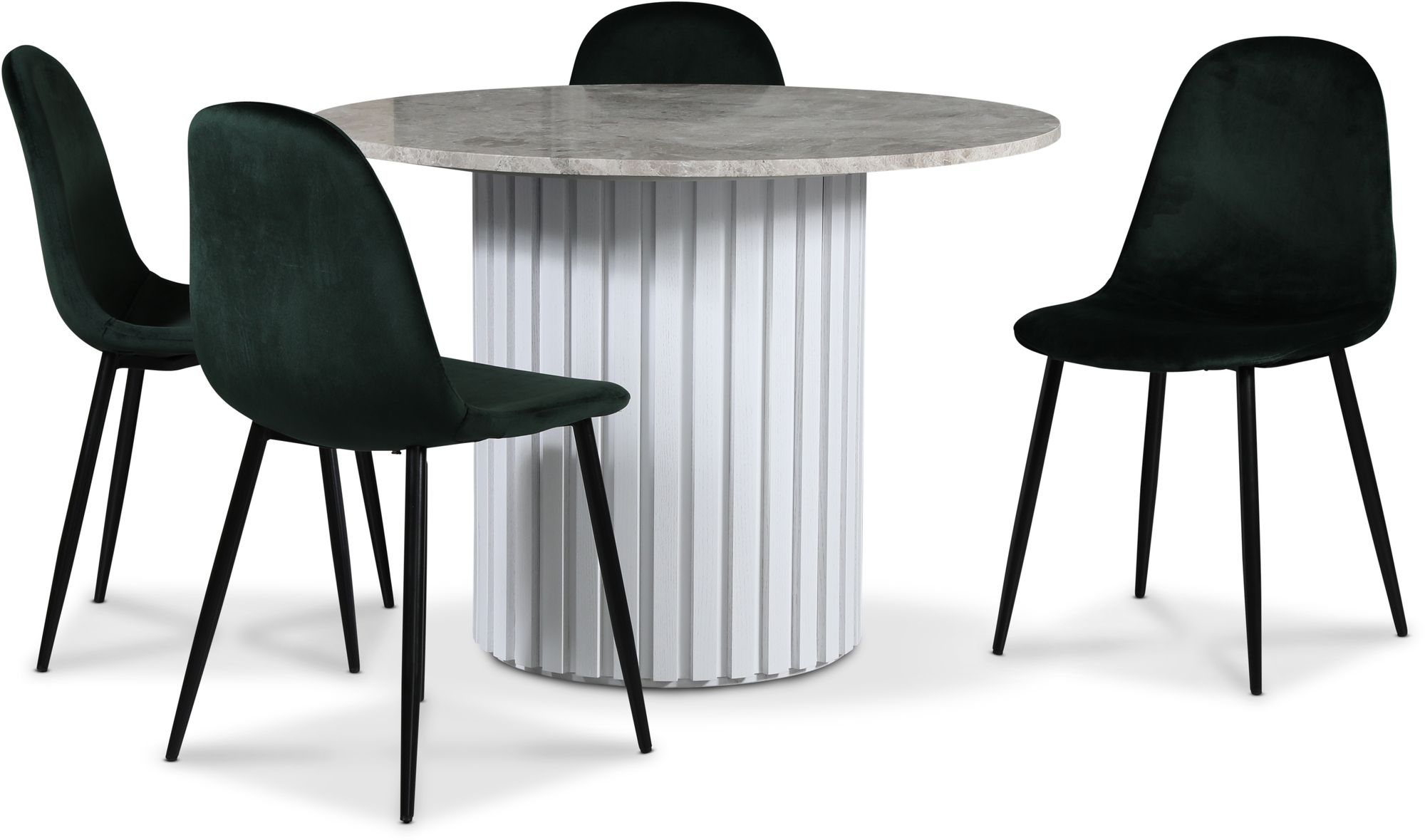 Empire ruokailuryhmä Ø105 cm sis. 4 Carisma tummanvihreää tuolia - Hopea Diana marmori / Valkoinen sälepuujalusta + 4.00 x Tuolin tyyny Empire ruokailuryhmä Ø105 cm sis. 4 Carisma tummanvihreää tuolia - Hopea Diana marmori / Valkoinen sälepuujalusta + 4.00 x Tuolin tyyny