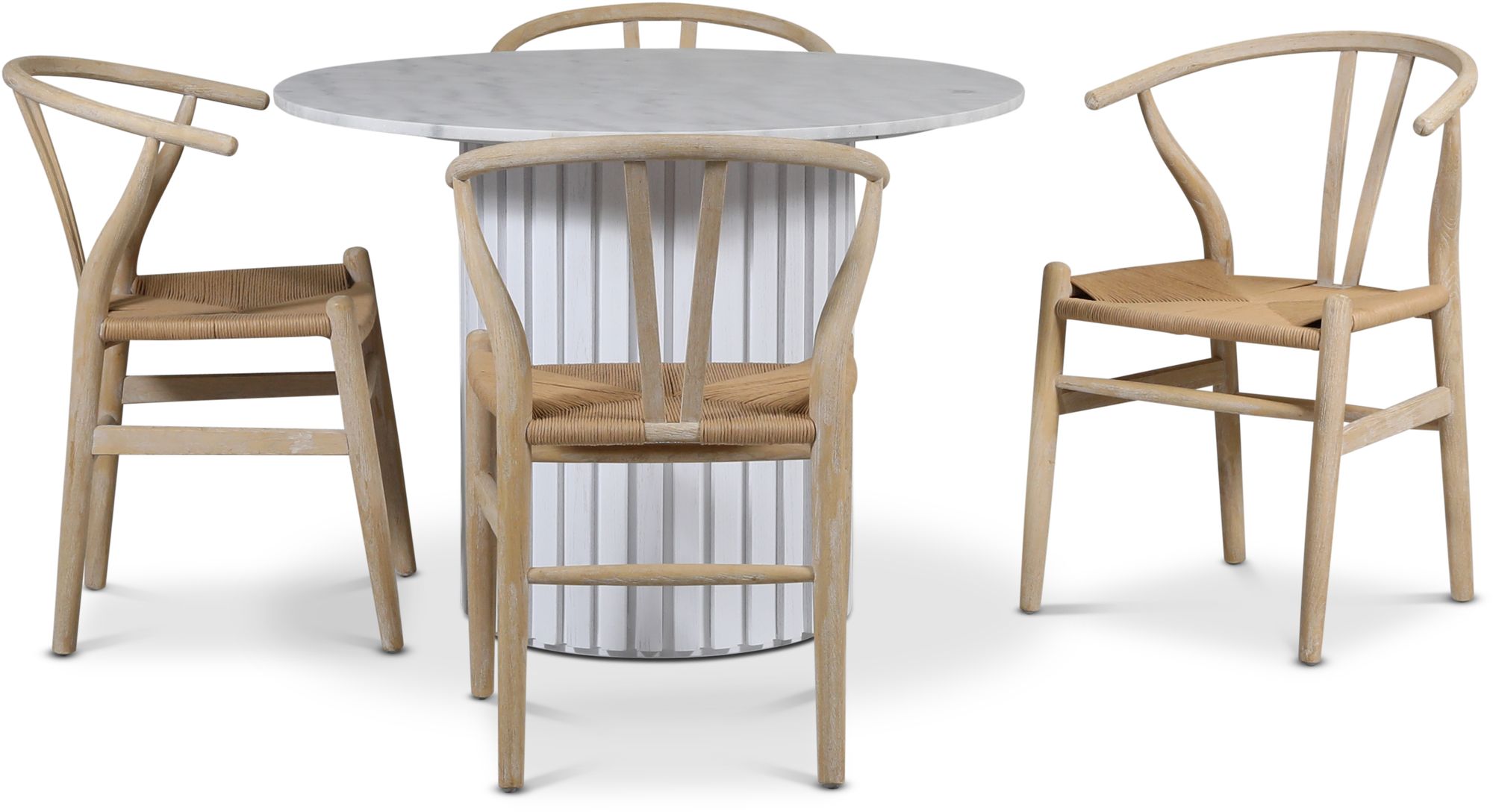 Empire ruokailuryhmä Ø105 cm sis. 4 Brandon-ruokailutuolia kalkittu - Vaalea marmori/valkoinen puinen sälepohja Empire ruokailuryhmä Ø105 cm sis. 4 Brandon-ruokailutuolia kalkittu - Vaalea marmori/valkoinen puinen sälepohja