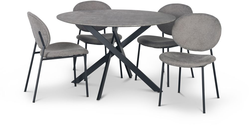 Hogrän ruokailuryhmä Ø120 cm pöytä jäljitelmäbetonia + 4 tuftattua harmaata tuolia Hogrän ruokailuryhmä Ø120 cm pöytä jäljitelmäbetonia + 4 tuftattua harmaata tuolia