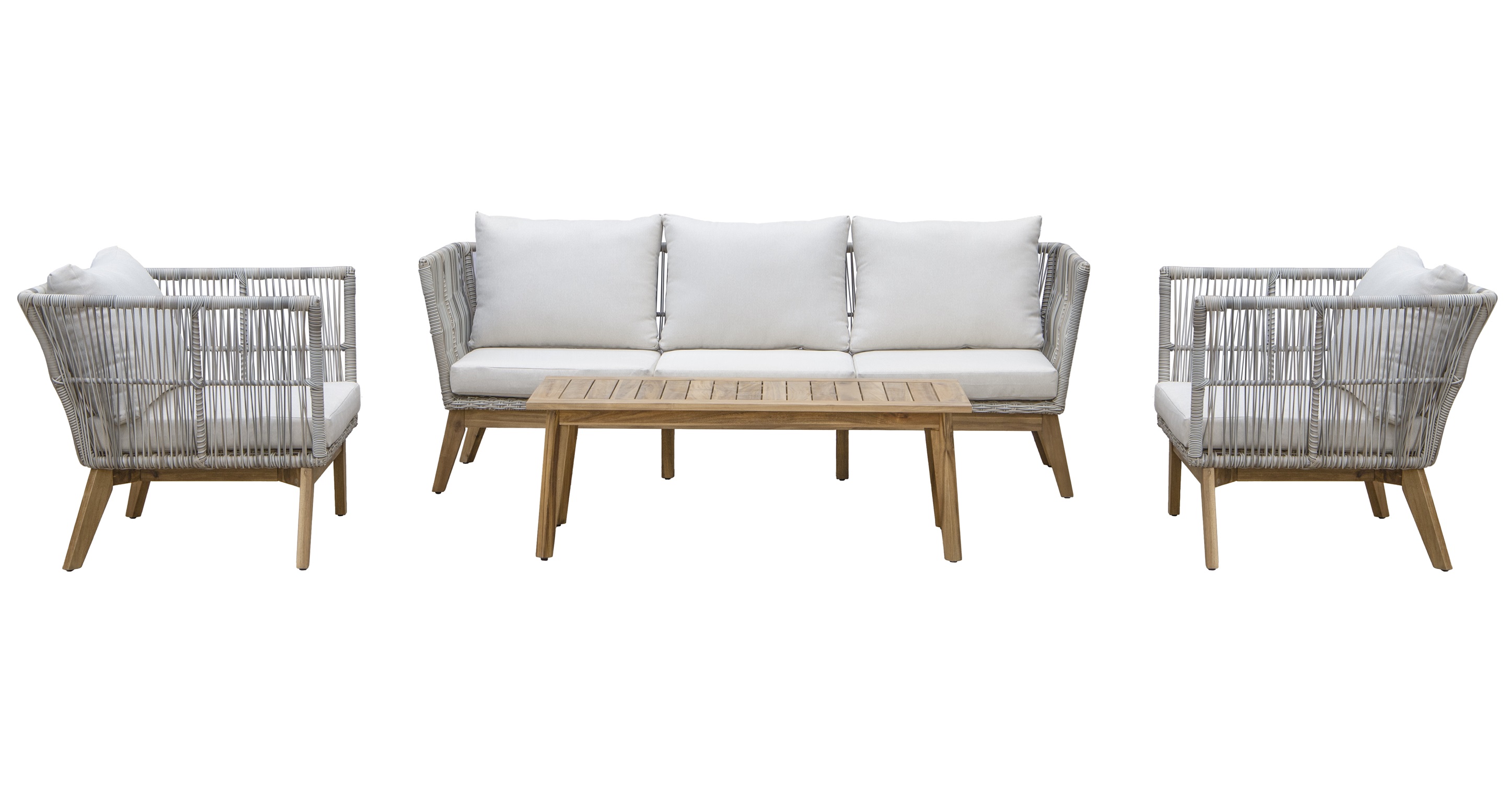 Inez-oleskelutilaryhm�; sohva, 2 nojatuolia ja sohvap�yt� - harmaata keinorotingkia ja akaasiapuuta