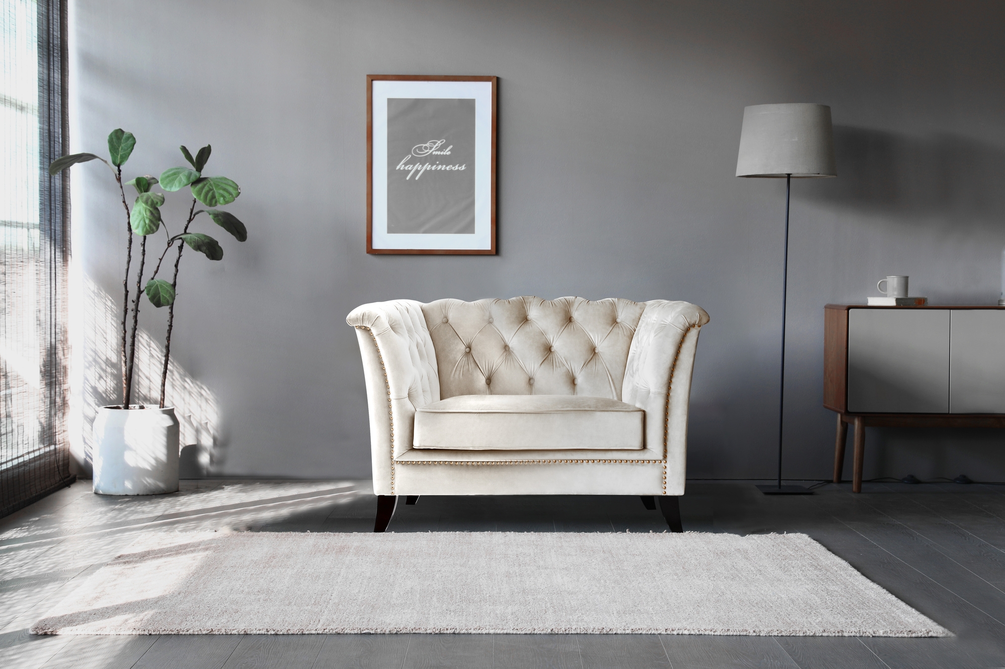 Nojatuoli chesterfield beige sametti - Milton