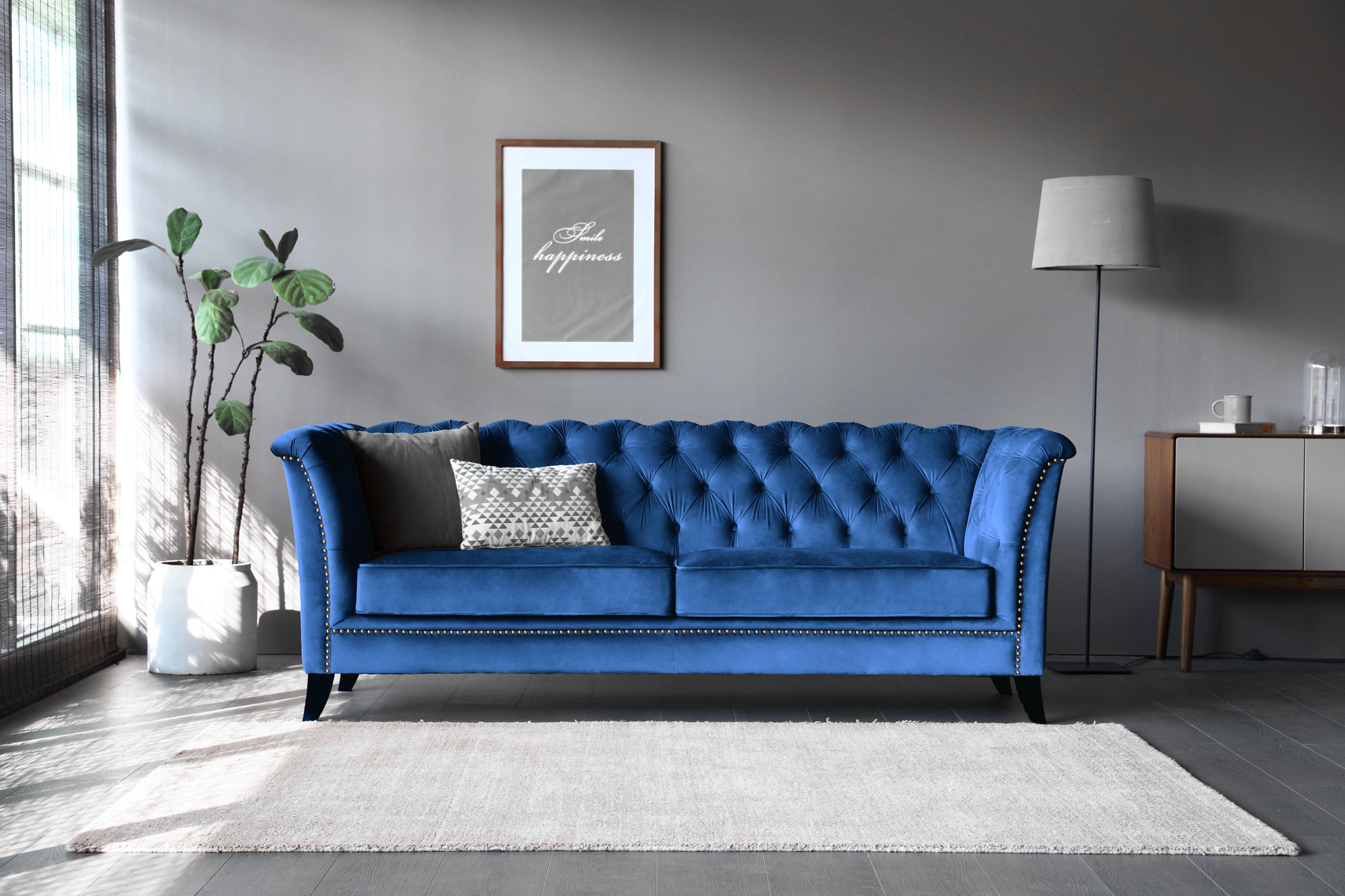 Kolmen istuttava sohva Milton Chesterfield - Tummansininen sametti