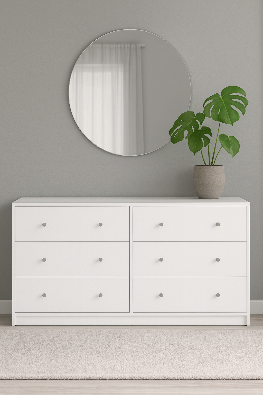 Valkoinen lipasto, 6 laatikkoa, leveys 143 cm