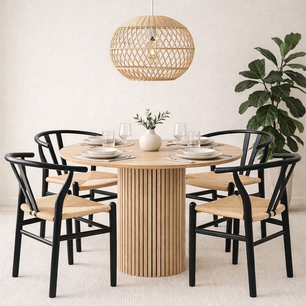 Ludvig-ruokapöytä Ø120 cm tammi, 4 Brandon-nojatuolia mustana köysiistuimella Ludvig-ruokapöytä Ø120 cm tammi, 4 Brandon-nojatuolia mustana köysiistuimella