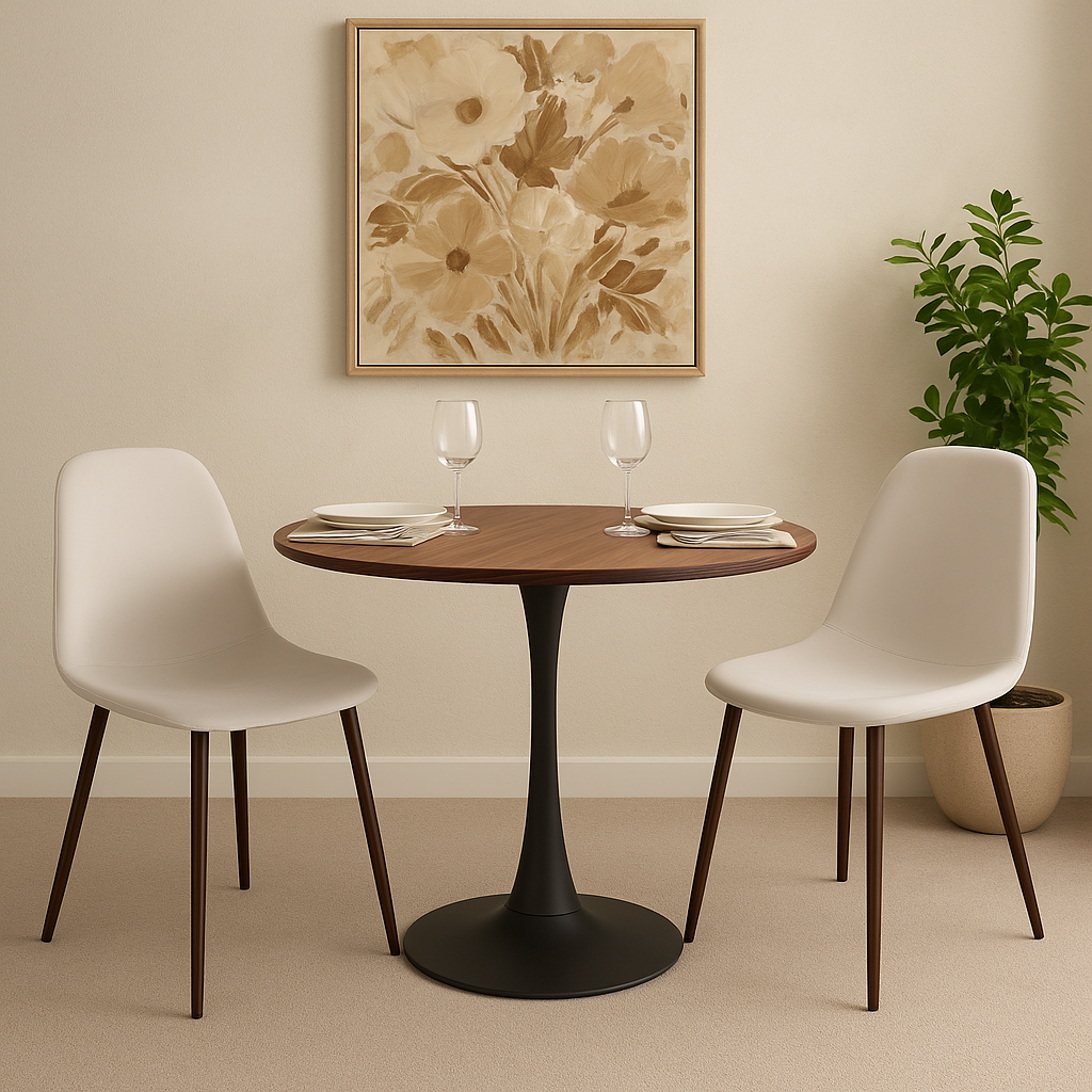 Olmo-ruokapöytä Ø 90 cm pähkinäpuuta/mustaa, kaksi Alfred-ruokatuolia beigenväristä samettia ja pähkinäpuun jalat Olmo-ruokapöytä Ø 90 cm pähkinäpuuta/mustaa, kaksi Alfred-ruokatuolia beigenväristä samettia ja pähkinäpuun jalat