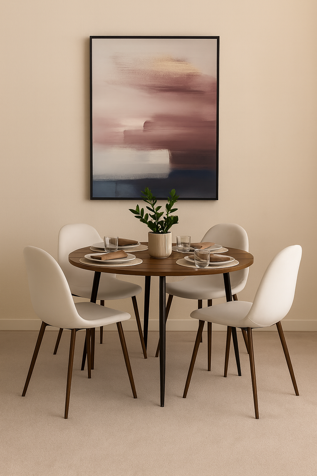 Dana-ruokapöytä Ø105 cm pähkinäpuuta ja 4 Alfred-ruokatuolia beigenvärisestä samettista ja pähkinäpuusta Dana-ruokapöytä Ø105 cm pähkinäpuuta ja 4 Alfred-ruokatuolia beigenvärisestä samettista ja pähkinäpuusta