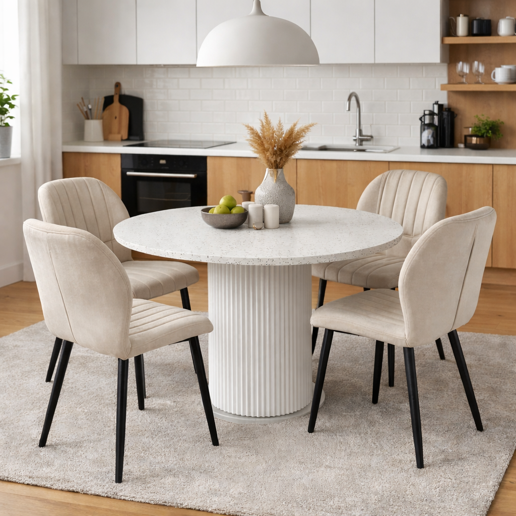 Ruokailuryhm� Sand� ruokap�yt� �120cm valkoinen terrazzo ja 4 Santos ruokatuolia beige sametti