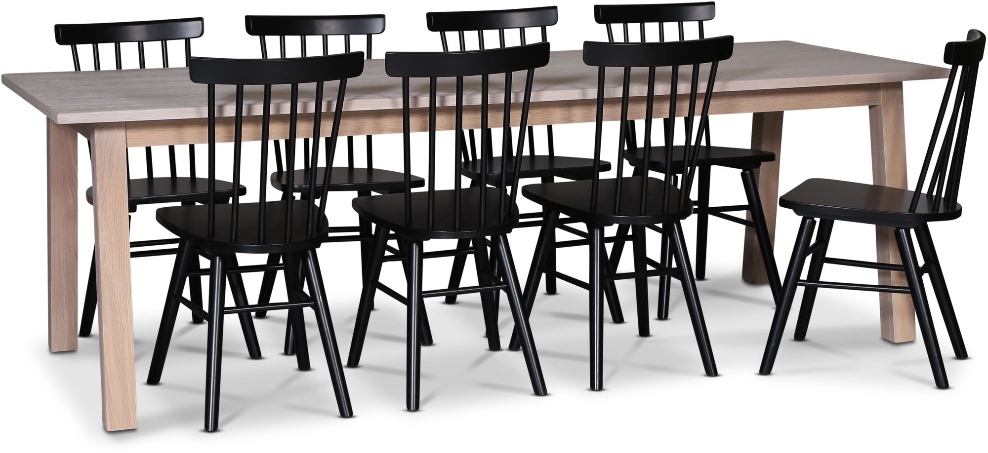 Saltsjö ruokailuryhmä 240 cm sis. 8 mustaa Orust-ruokotuolia - Valkoinen öljytty tammiviilu Saltsjö ruokailuryhmä 240 cm sis. 8 mustaa Orust-ruokotuolia - Valkoinen öljytty tammiviilu