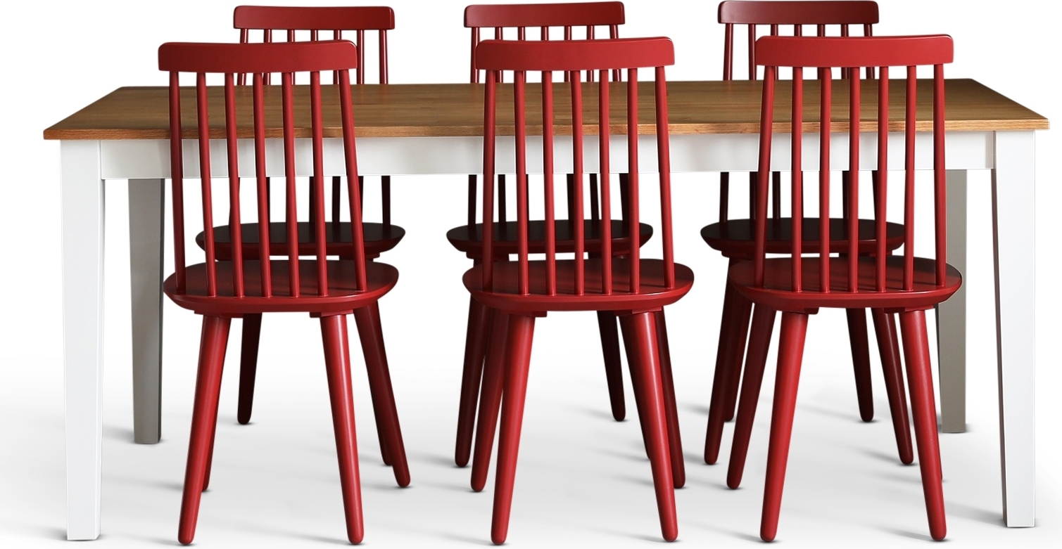 Dalsland-ruokailuryhmä: Ruokapöytä tammi/valkoinen ja 6 punaista Pinnstolaa Dalsland-ruokailuryhmä: Ruokapöytä tammi/valkoinen ja 6 punaista Pinnstolaa