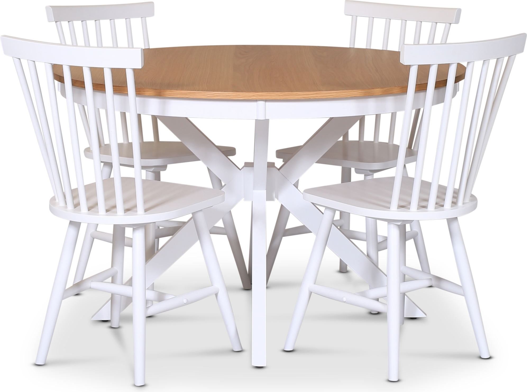 Tromssa elintarvikeryhm�; py�re� ruokap�yt� 120 cm - Valkoinen / �ljytty tammi ja 4 valkoista Karl cane -tuolia