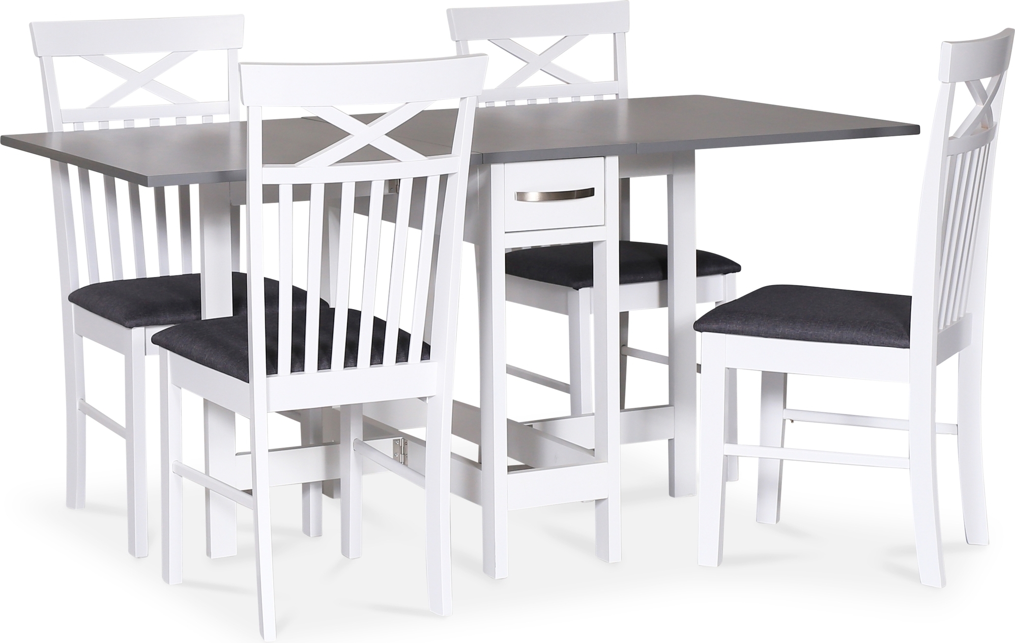Ruokailuryhm�; Valkoinen/harmaa kokoontaitettava p�yt� ja 4 tuolia - F�r� + 4.00 x Tuolin tyyny