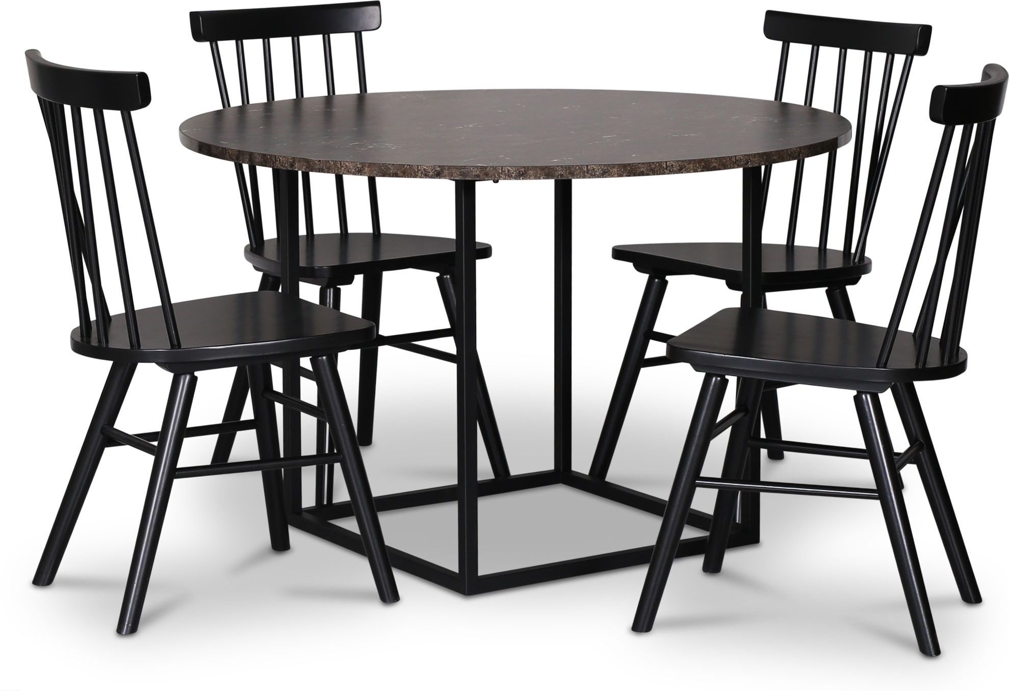 Sintorp ruokailuryhmä, pyöreä ruokapöytä Ø115 cm sis. 4 Orust mustaa uloketuolia - Ruskea marmori (laminaatti) + Sintorp ruokailuryhmä, pyöreä ruokapöytä Ø115 cm sis. 4 Orust mustaa uloketuolia - Ruskea marmori (laminaatti) +