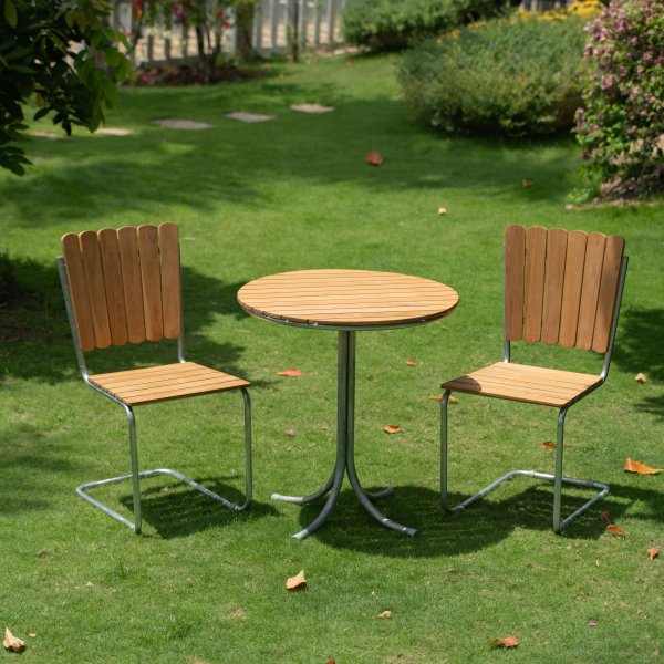 Möllan-parvekeryhmä tiikistä: 2 tuolia ja pyöreä pöytä Möllan-parvekeryhmä tiikistä: 2 tuolia ja pyöreä pöytä