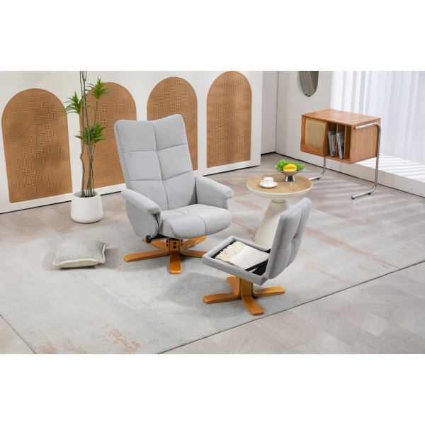 Duva sdettv nojatuoli, rahi ja silytystila - Harmaa kangas puisilla jaloilla