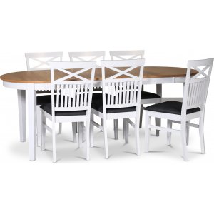 Fårö ruokaryhmä; ruokapöytä 160/210x90 cm - Valkoinen/öljytty tammi 6 kpl Skagen-tuolia ristillä selkänojalla, harmaa istuin Fårö ruokaryhmä; ruokapöytä 160/210x90 cm - Valkoinen/öljytty tammi 6 kpl Skagen-tuolia ristillä selkänojalla, harmaa istuin
